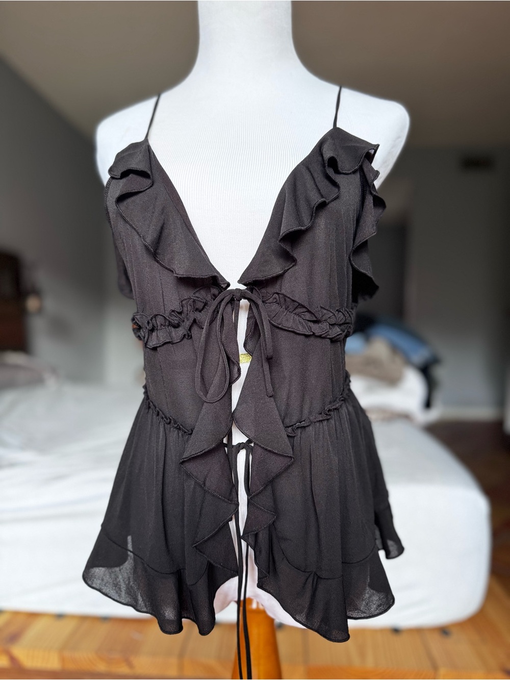 stradivarius Black Ruffled Tie-Front Camisole